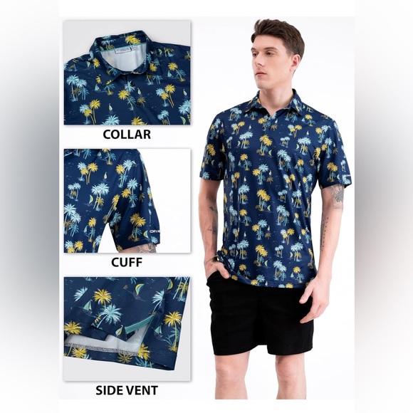$3 💕5/$15 Navy Palm Tree Print Men's Golf Shirt, NEW - Picture 2 of 6